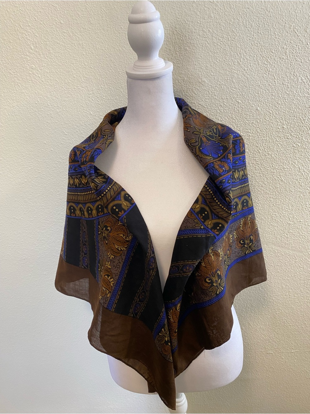 VTG Silk Wool Scarf Brown Blue Paisley Floral 41x41 Shawl Belt Headband Bohemian
